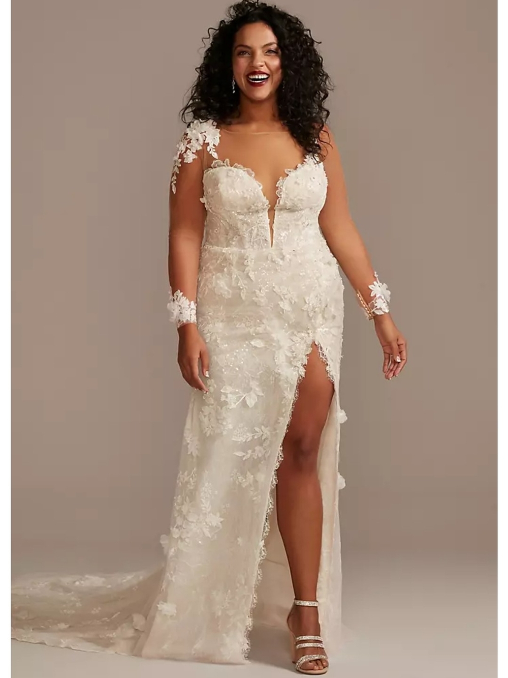 Illusion Sleeve Floral Lace Wedding Dress in Ivory
